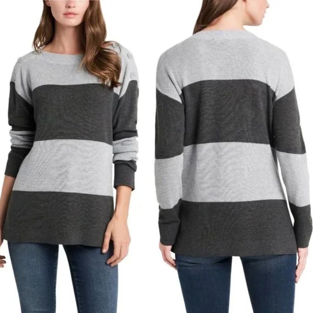 NWT VINCE CAMUTO Button Shoulder Color Block Stripe Tunic Sweater Heather Grey S